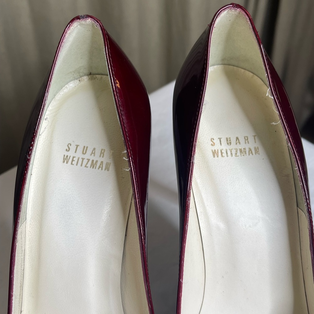Stuart Weitzman Burgundy Red Patent Peep Toe Heel - Picture 12 of 13